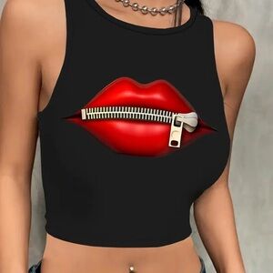 Black Sleeveless Top with Red Lip Design